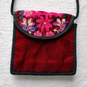 Velvet Purse Bag Hand Made Huipil Wallet Small‎ Cross Body Embroidery Burgandy